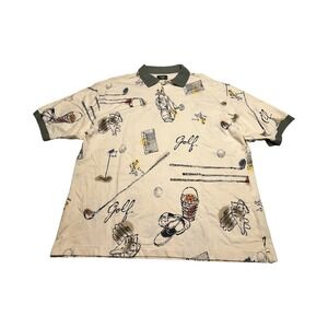 Dockers Golf Mens XL Vintage All Over Print Corduroy Polo Shirt Cream Green
